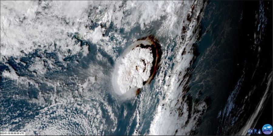 Satellite shot of the January 17, 2022 underwater volcanic eruption near Tonga between Fiji and Tahiti in the South Pacific.