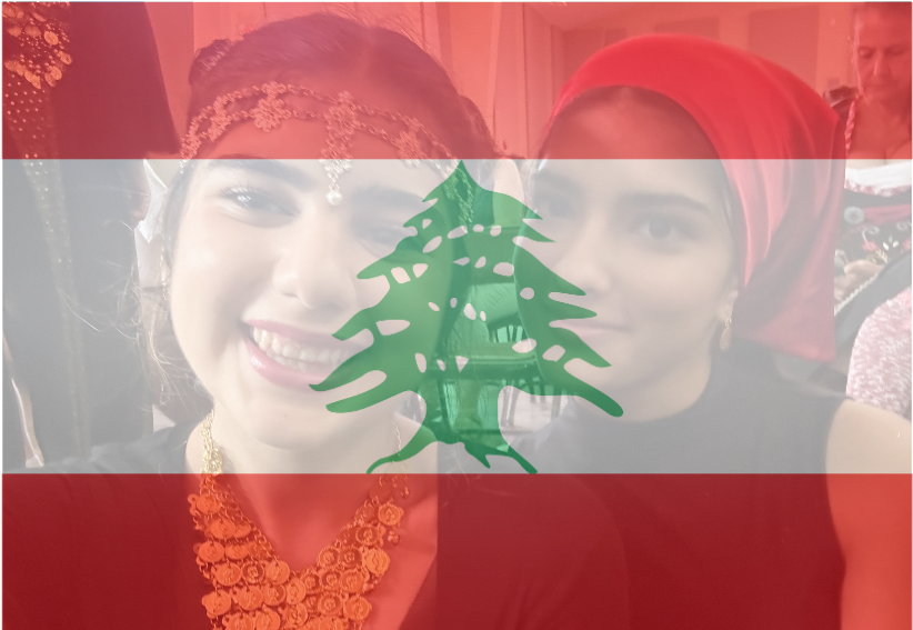 Isabelle Rask, '25, and her fellow Dabke group member pose for a picture as they wait for the time of their performance at Our Lady of Lebanon Maronite Catholic Church's Lebanese food festival. 