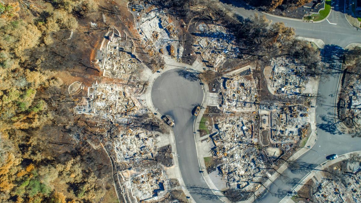 Drone shot of a destroyed neighborhood.